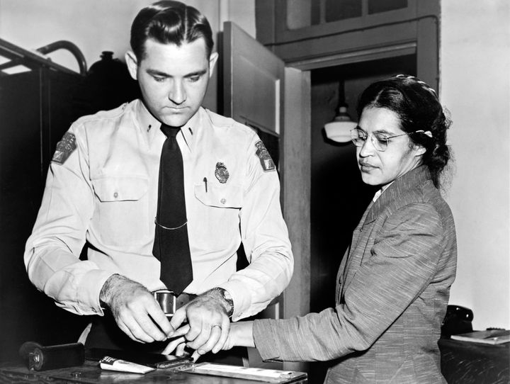 Parks gets her fingerprints taken in 1956 after she refused to move to the back of a bus to accommodate a white passenger. Twelve years prior, she was assigned by the NAACP as lead investigator on Recy Taylor's 1944 rape case. 