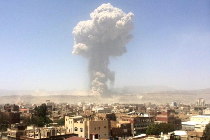 A Saudi air strike hits Yemen’s capital city Sanaa. Saudi intervention in Yemen’s civil war, heavily backed by President Donald Trump, has created the world’s greatest humanitarian disaster.