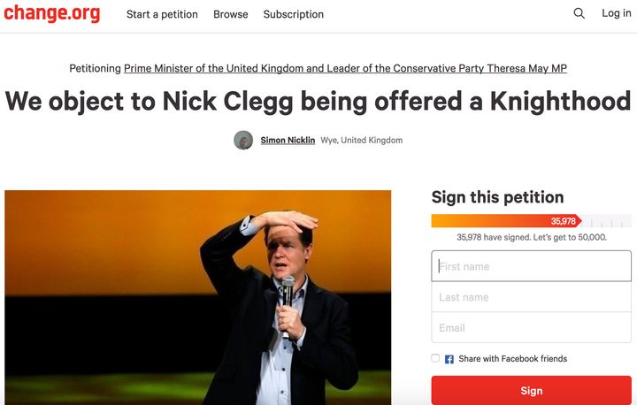 One of two petitions against Clegg being awarded a Knighthood