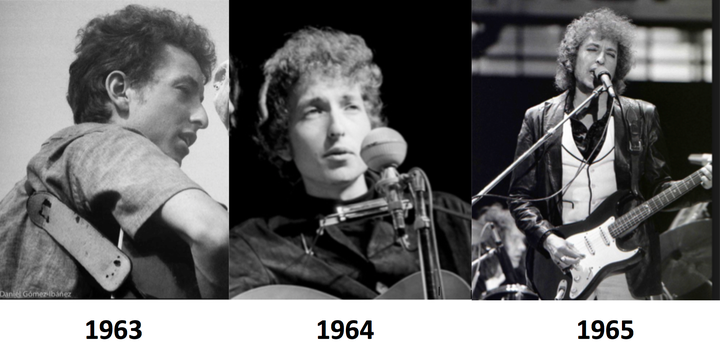 <p>Bob Dylan at the Newport Folk Festival in 1963, 1964 and 1965</p>