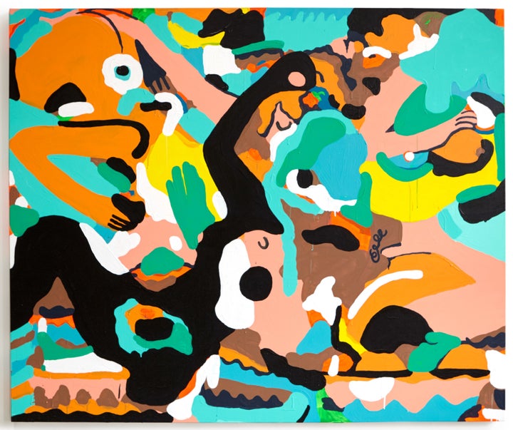 <p><em>Melting Pot</em>, 2017, House paint, acrylic and gouache on canvas, 50 x 60 in.</p>