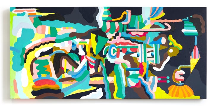 The Future Is Coming, 2017, House paint, acrylic and gouache on canvas, 30 x 64 in.