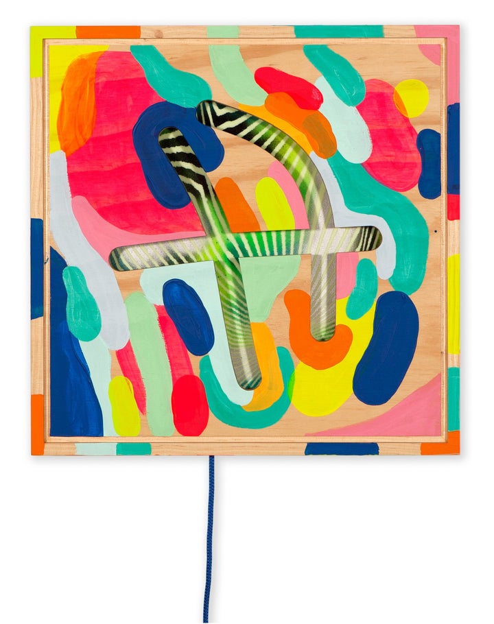 <p><em>Cross Roads</em>, 2016, House paint, acrylic, gouache, spray paint, Silkscreen ink, resin, pine plywood and L.E.Ds, 17 x 17 x 2.5 in.</p>