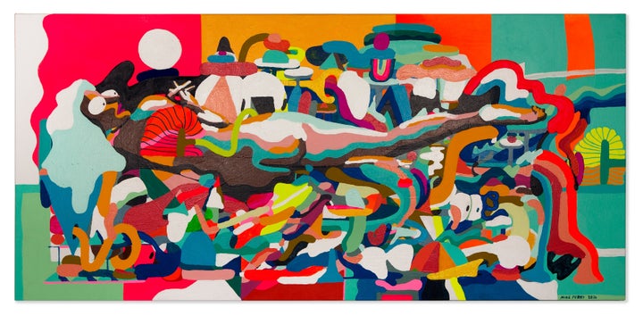 <p><em>Sleep and Comets</em>, 2016, House paint, acrylic and gouache on canvas, 30 x 64 in.</p>