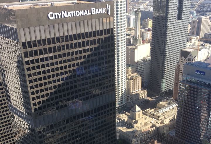<p>One of the former Arco towers is now the CityNational Bank. Below, the small pyramid is the LA Library.</p>