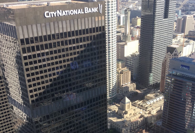 One of the former Arco towers is now the CityNational Bank. Below, the small pyramid is the LA Library.