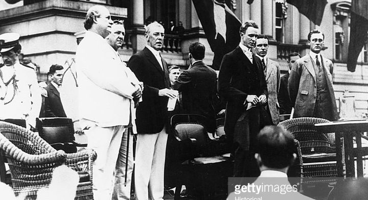 Willam Jennings Bryan (white suit), Woodrow Wilson (white pants) and Franklin Roosevelt (far right).