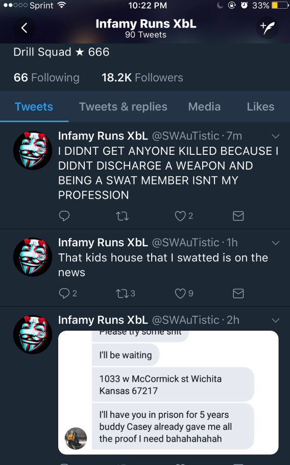 Twitter user @SWauTistic original tweets concerning the SWATting incident.