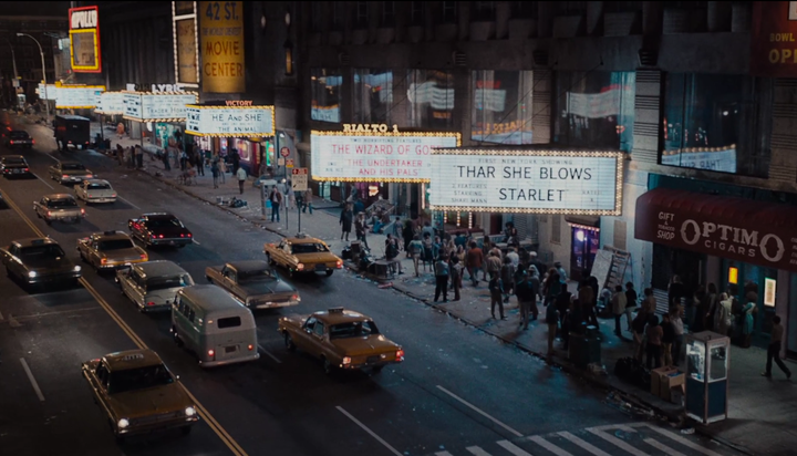 <p><strong>The Deuce, Episode 1. No, this is not a vintage photograph. It's a computer simulation made with background actors, authentic vintage picture cars, and photographically reconstructed marquees made under Michelle MacLaren's detailed direction. This two-block strip of 42nd Street and Times Square was nicknamed The Deuce by the police and the local counterculture.</strong></p>