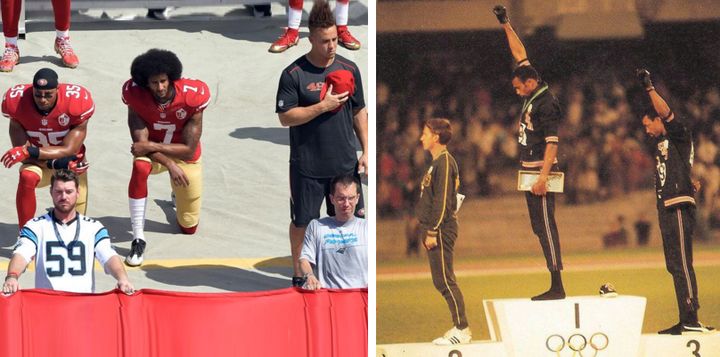 <p><strong>Left: San Francisco 49ers' Colin Kaepernick (7) and Eric Reid (35) kneel during the national anthem before an NFL football game in Charlotte, N.C., Sunday, Sept. 18, 2016. Right: 1968 Olympics in Mexico City. When The Star Spangled Banner began to play, the African-American bronze and gold medal athletes, Tommie Smith and John Carlos, raised their fists in solidarity with black power.</strong></p>