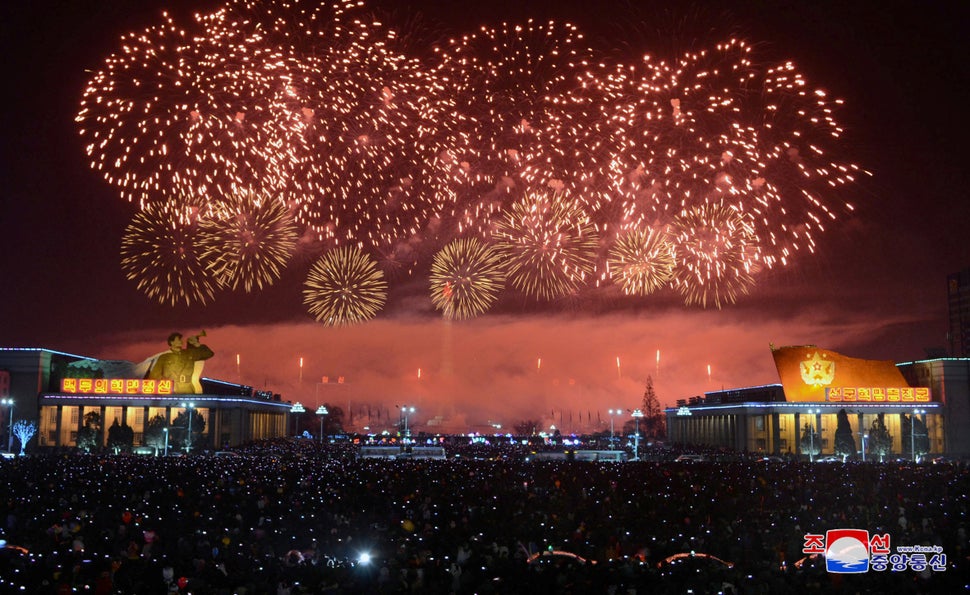 Fireworks are seen during New Year's celebrations in this photo released by North Korea's Korean Central News Agency (KCNA) in Pyongyang on January 1, 2018.