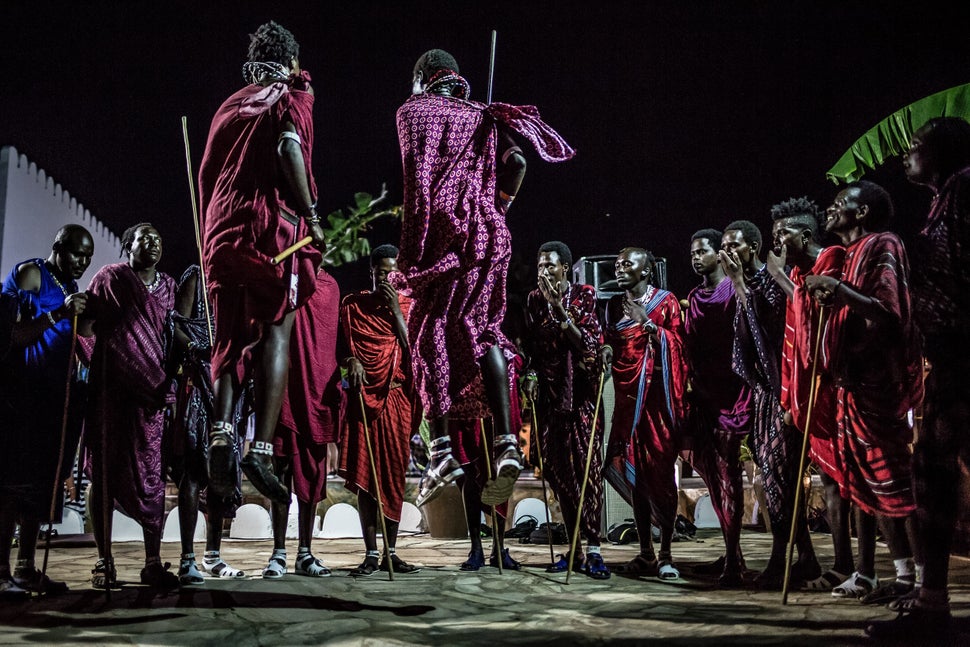 A group of Maasai tribe members perform a traditional dance during New Year's celebrations on Nungwi Beach in Zanzibar, Tanzania on December 31, 2017.