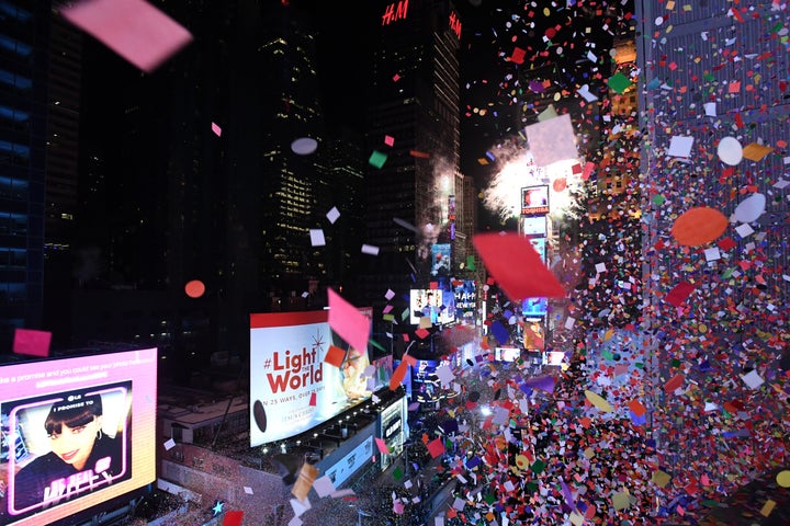 Confetti falls in Times Square just after midnight on Jan. 1, 2018.