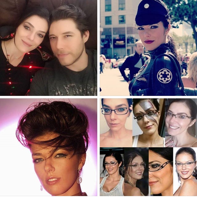 Clockwise: Adrianne Curry and her fiance today, as America’s Next Top Model, a modeling photo while she was on ANTM, Adrianne today taking on glasses haters. 