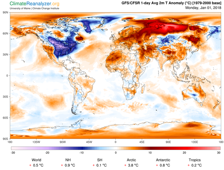 The frigid cold across much of the continental United States appears to be American Exceptionalism. 