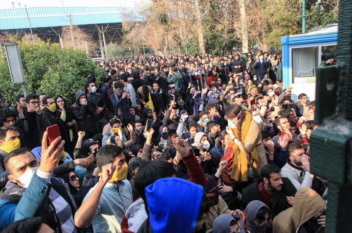 Iranian students protest at the University of Tehran on Dec. 30. 