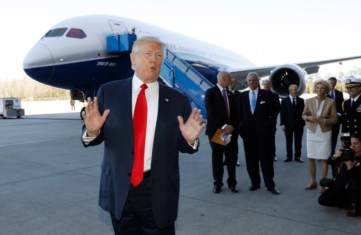 President Donald Trump speaks after touring a Boeing 787-10 Dreamliner in North Charleston, South Carolina, Feb. 17, 2017.