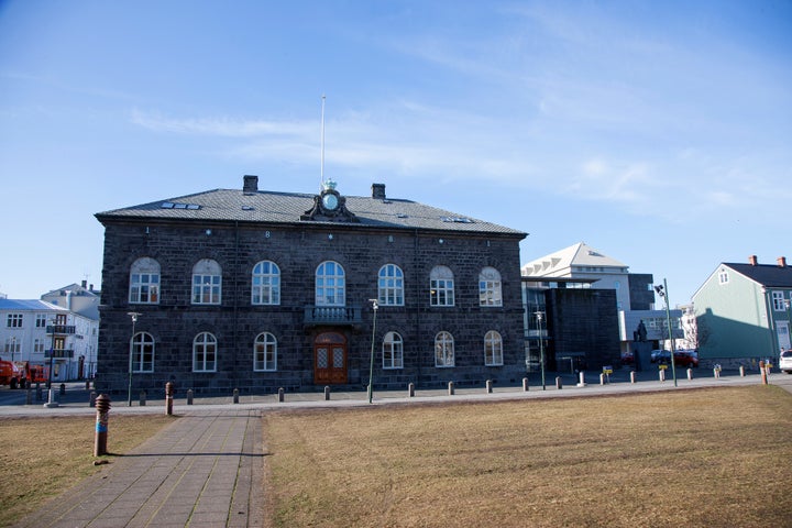 The Icelandic Parliament building in Reykjavik, Iceland.