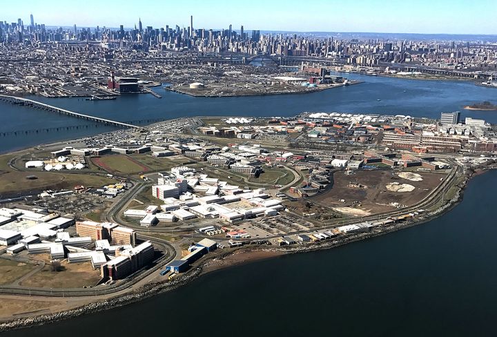 The Rikers Island Prison complex in New York seen from an airplane.