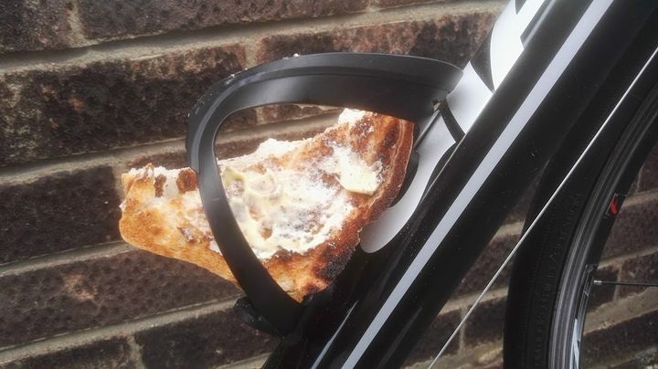 A piece toast in a bottle cage 