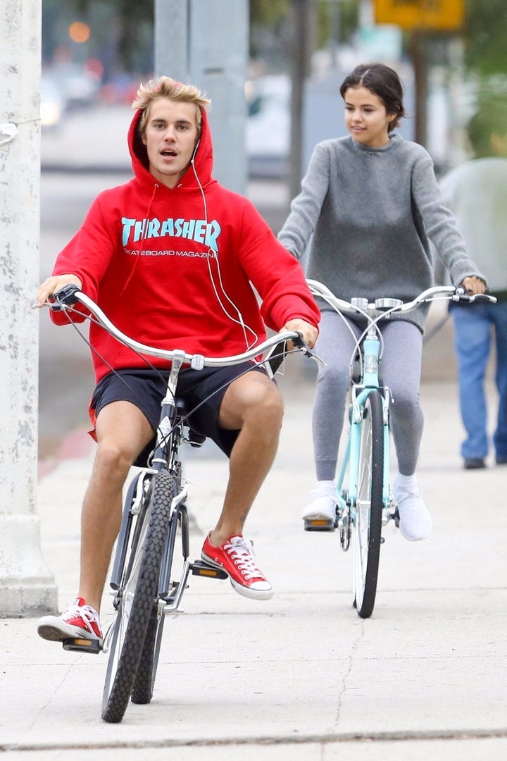 Justin Bieber and Selena Gomez biking together in 2017.