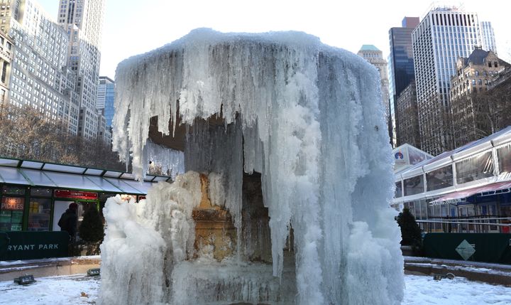 A frozen Josephine Shaw Lowell Memorial Fountain in New York City's Bryant Park on Jan. 2, 2018.