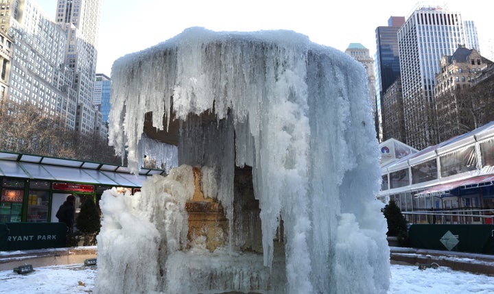 A frozen Josephine Shaw Lowell Memorial Fountain in New York City's Bryant Park on Jan. 2, 2018.