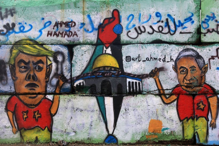 A mural in Gaza depicts U.S. President Donald Trump with Israeli President Benjamin Netanyahu in Israel. Trump