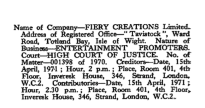 <p><strong><em>The public notice of the Creditors meeting for the bankruptcy of “Fiery Creations Limited” in London on April 15th 1971</em></strong></p>