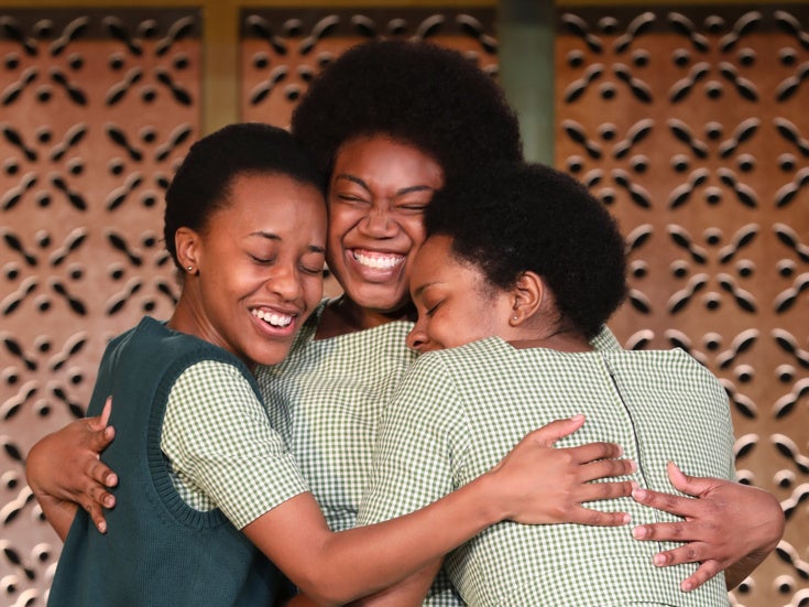The cast of “School Girls; Or, the African Mean Girls Play.” Left to right: Mirirai Sithole, Abena Mensah-Bonsu, and Paige Gi