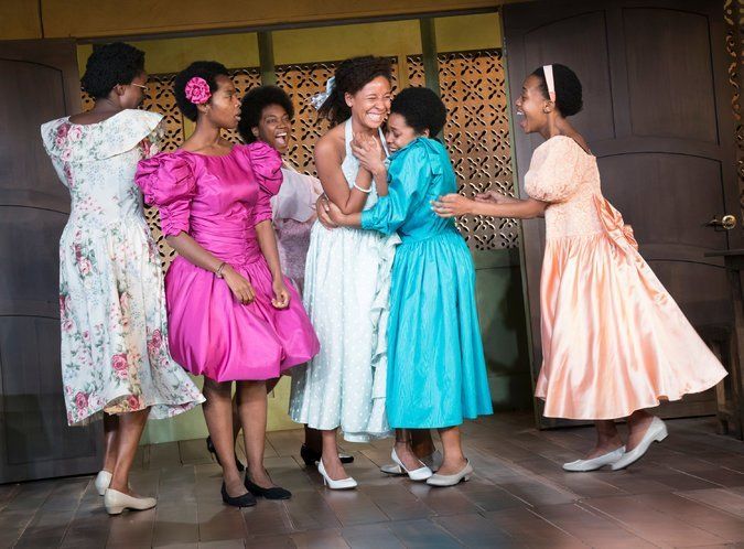 The cast of “School Girls; Or, the African Mean Girls Play.” Left to right Nike Kadri, Maame Yaa Boafo, Abena Mensah-Bonsu, Nabiyah Be, Paige Gilbert, and Mirirai Sithole