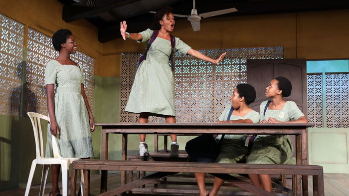 The cast of “School Girls; Or, the African Mean Girls Play.” Left to right: Nike Kadri, Nabiyah Be, Paige Gilbert, Mirirai Si
