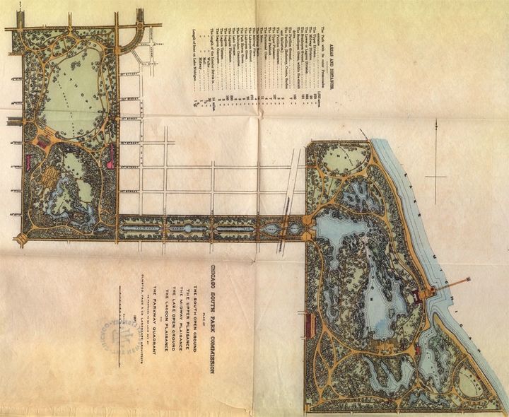 <p>Olmsted & Vaux 1871 South Park Plan. Washington Park (L), the Midway Plaisance (C) Jackson Park (R).</p>