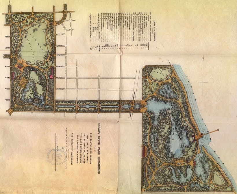 Olmsted &amp; Vaux 1871 South Park Plan. Washington Park (L), the Midway Plaisance (C) Jackson Park (R).