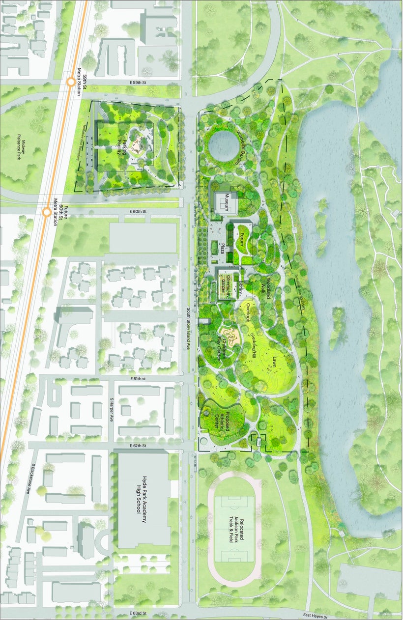 Proposed Obama Presidential Center in Jackson Park (R) and parking garage in the Midway Plaisance (top, L)