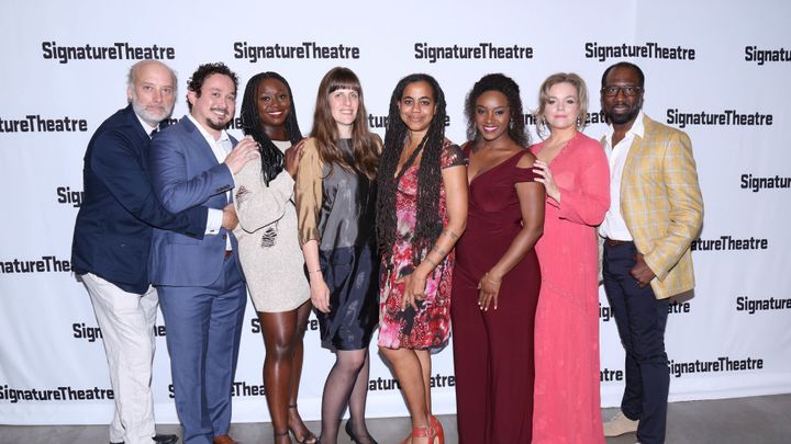 Opening Night with the cast of the 2017 Revival of “In The Blood.” Left to right: Frank Wood, Michael Braun, Jocelyn Bioh, Director Sarah Benson, Suzan-Lori Parks, Saycon Sengbloh, Ana Reeder, and Russell G. Jones 