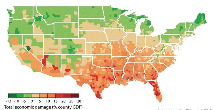 A study published in the journal Science estimates that Southern states in the U.S. will bear the worst costs. The damages will be nationwide, however, costing 1.2 percent of GDP for every degree of warming. This map shows the estimated costs of climate change as a percent of GDP in each U.S. county.