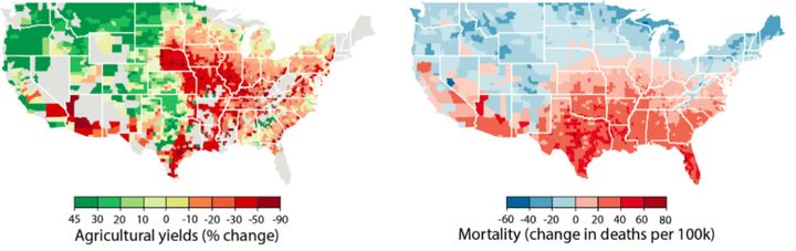 The high temperatures expected as a result of global climate change will negatively affect farm yields and heat-related deaths, already the No. 1 weather-related killer in the United States. The study published in Science estimates that every county between El Paso, Texas, and Charlotte, North Carolina, could see its mortality rate rise to nearly twice the deaths from automobile accidents. 