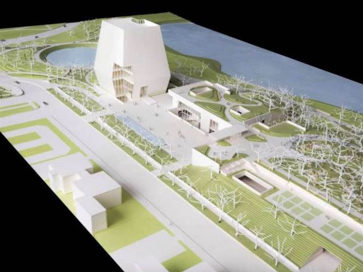 <p>Model of the Obama Presidential Center showing the proposed 220-foot-tall tower.</p>