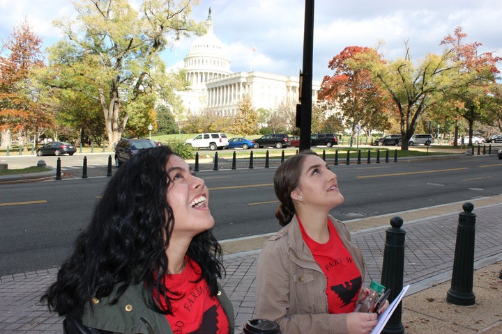 Leydy Rangel, left, and Eloisa Torres, DACA recipients from Bakersfield, work up their enthusiasm before going to speak to House members in Washington, D.C., about a proposal to let them earn permanent legal status.