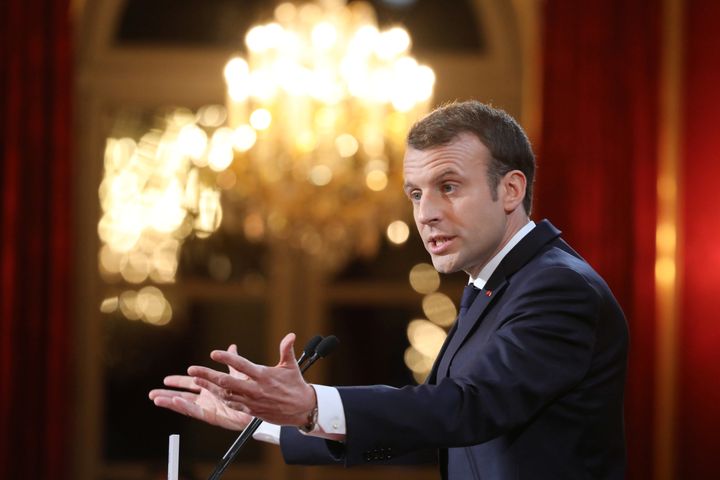 French President Emmanuel Macron delivers his New Year speech to members of the press at the Elysee Palace in Paris on January 3, 2018.