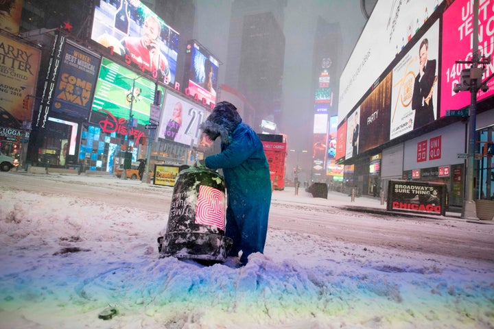 A pedestrian in New York City's snow-covered Times Square on Jan. 4, 2018.