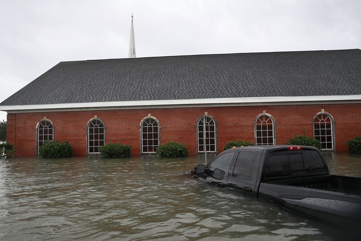A Port Arthur, Texas, church is surrounded by water after Hurricane Harvey flooding inundated the area on Aug. 30, 2017.