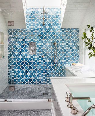 Bathroom with geometric blue tile