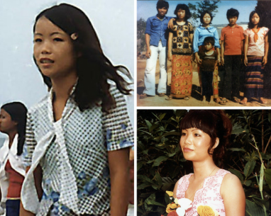 Left: Me, age 15, at the beach in Mairut, Thailand. This was the first time refugees were allowed out of camp. Top: Me, age 14, and my surviving siblings and brother in-law, in Khao I Dang refugee camp, Thailand, 1979. Bottom: Dressed traditionally, I represent Cambodia in welcoming tourists from 20 countries at the Philippine Refugee Processing Center in 1981.