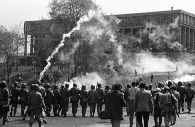 The Ohio National Guard fires tear gas to disperse students gathered on the Commons on May 4, 1970.