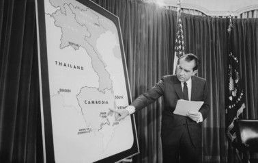 President Richard Nixon points to Cambodia during a Vietnam War Press Conference on April 30, 1970.
