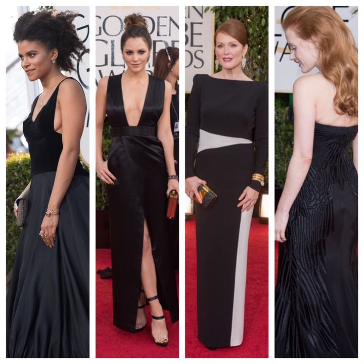 Zazie Beetz, Katharine McPhee, Julianne Moore and Jessica Chastain at previous Golden Globes, demonstrate black does not have to be boring