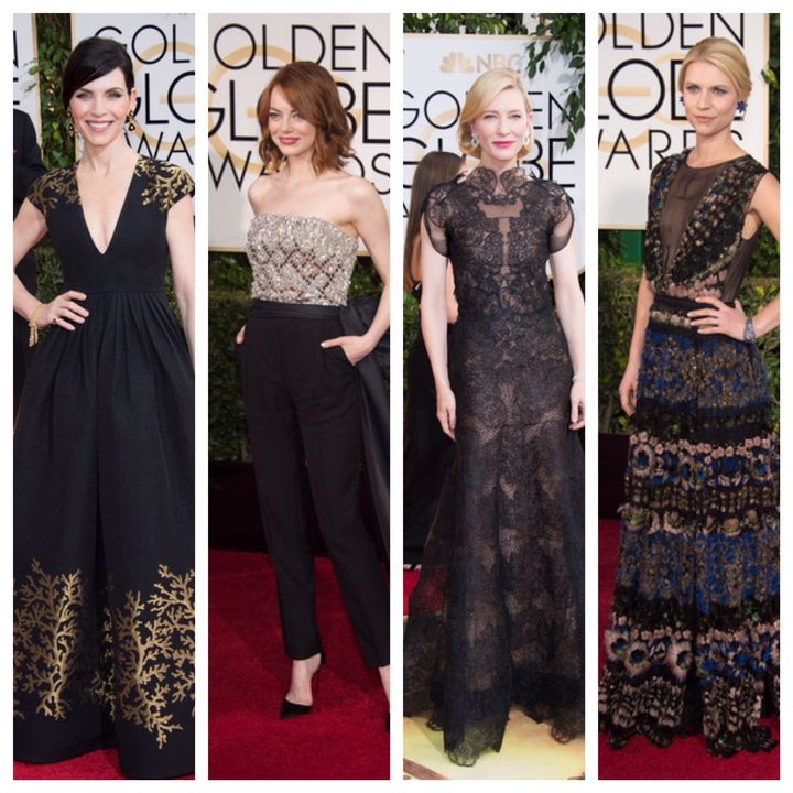 Julianna Margulies, Emma Stone, Cate Blanchett and Claire Danes incorporate color and texture in classic black - some of the ways stars may wear black at this years Golden Globes