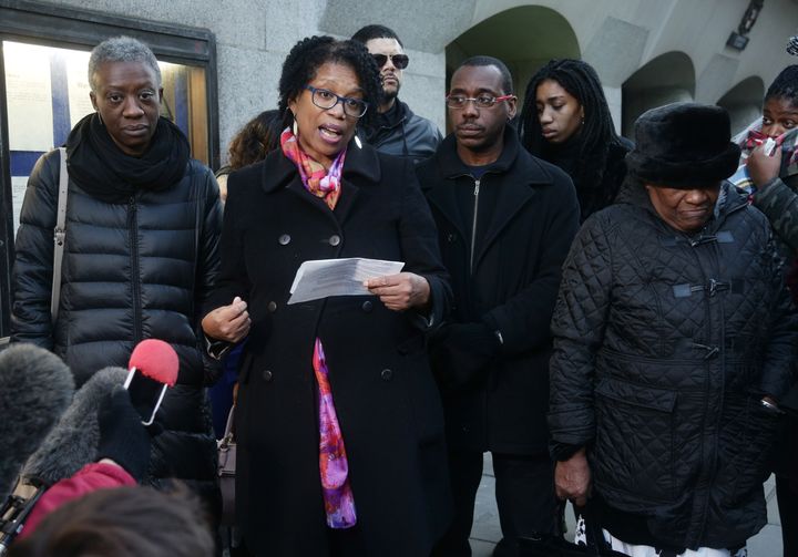Valerie Archibold (left) and Lorraine Jones (second left), Angela Best's sisters, and her mother Josephine (right), speak to the media outside the Old Bailey